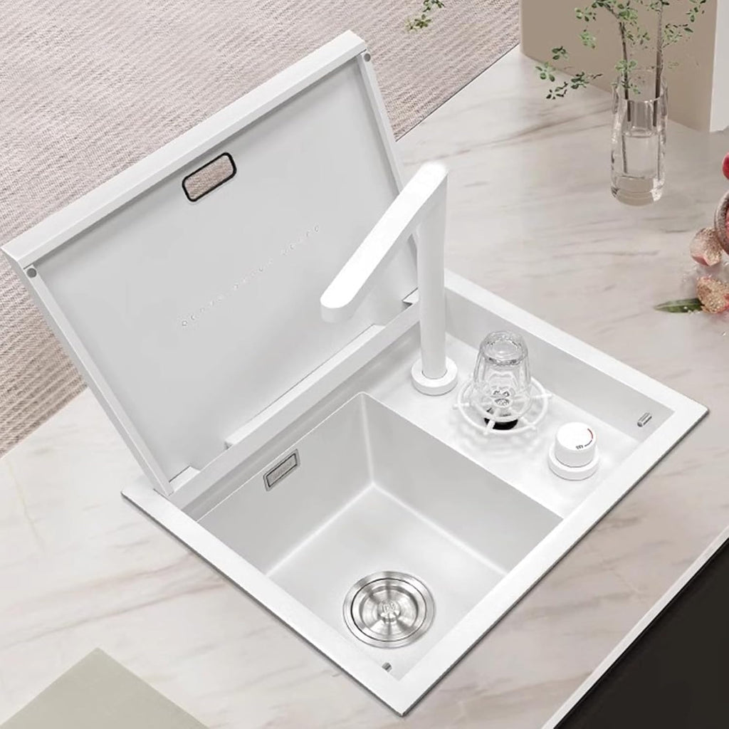 Hidden Sink with Cover Liftable Faucet White Single Bowl Sink Stainless Steel Sink with Cup Washer Bar Sink (