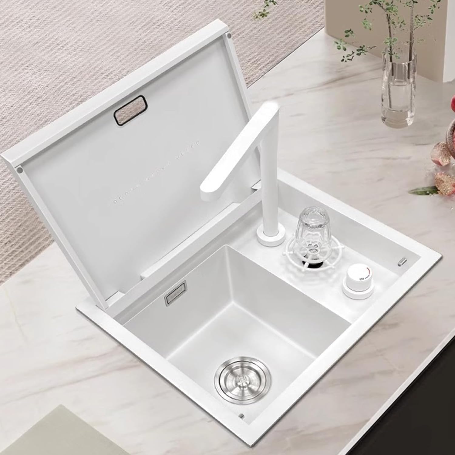 Hidden Sink with Cover Liftable Faucet White Single Bowl Sink Stainless Steel Sink with Cup Washer Bar Sink (
