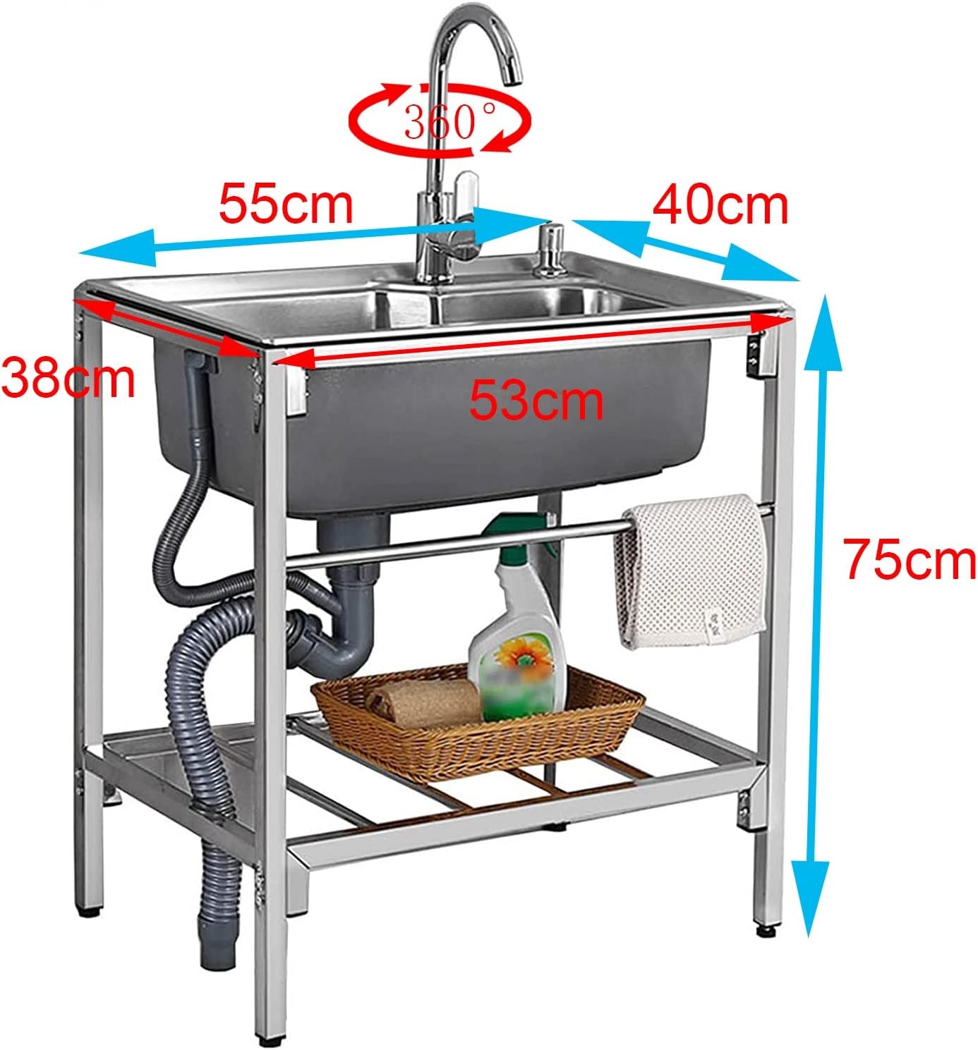 Single Bowl Sink Free Standing - Stainless-Steel Commercial Restaurant Kitchen Sink - Utility Sink for Laundry Room Bathroom Farmhouse - Portable Outdoor Si(55x40x75cm