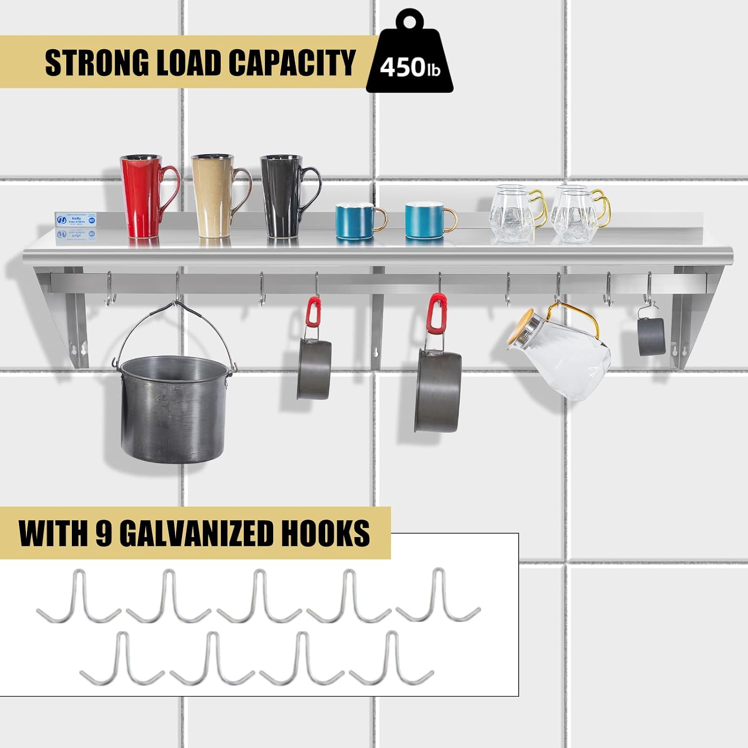Hally Stainless Steel Shelf with 9 Hooks 18' x 60' Wall Mounted Pot Rack 450lb, NSF Commercial Floating Shelving for Storage Hanging Pots, Pans, cookware in Restaurant, Kitchen, Home and Hotel