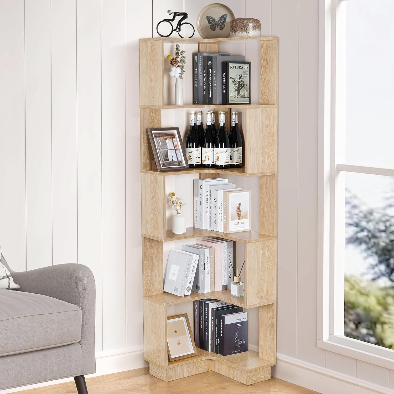 Wooden Corner Bookcase, 5 Tiers Corner Bookshelf 68.9' L-Shaped Storage Display Rack Tall Large Open Bookshelf with Fixture for Living Room Bedroom Study Office
