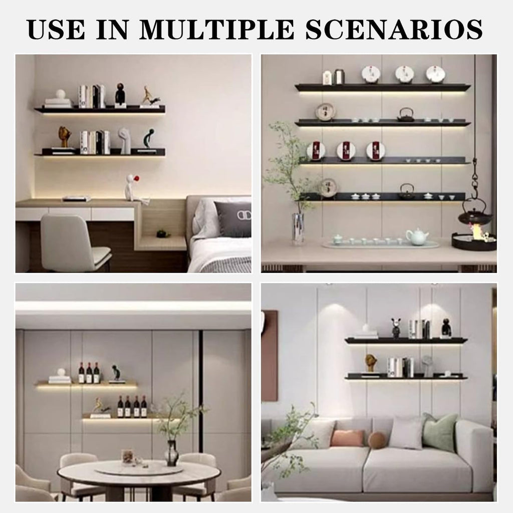 Corner Ledge Wall Shelf,Modern Metal Wall Mounted Floating Display Shelf with Built in LED Light for Commercial Bar Living Room Bathroom Black 23.6in