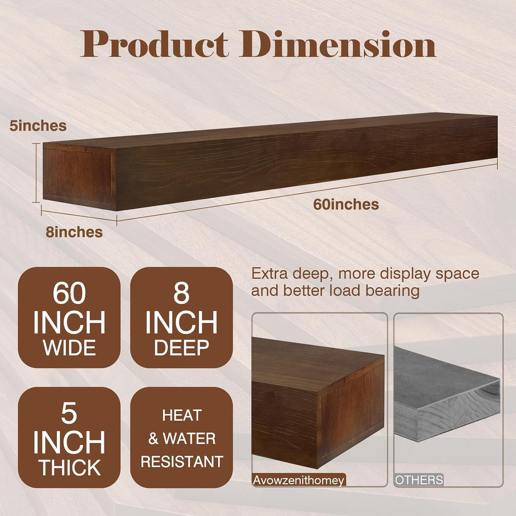 Fireplace Mantel 60inch - Solid Wood Mantel Shelf with Hidden Brackets | Floating Mantle Shelves Decor for Wall,Bedroom,TV,Livingroom(Brown