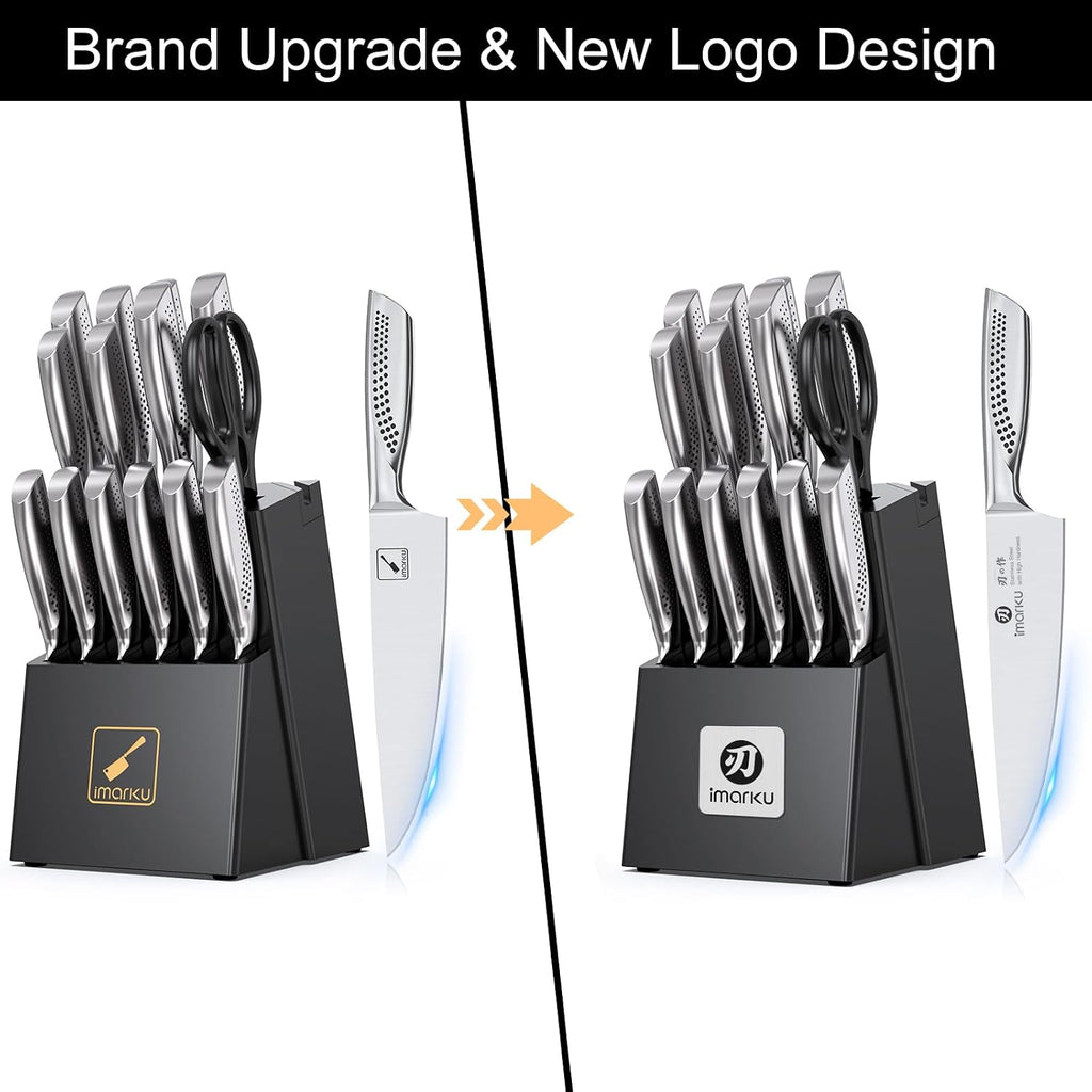 imarku® Kitchen Knife Set, 15 Pcs Japanese Knife Set with Block, Premium Razor-Sharp Chef Knives Set for Kitchen with Sharpener, Rust-Proof, Ergonomic Full-Tang Handle, Black