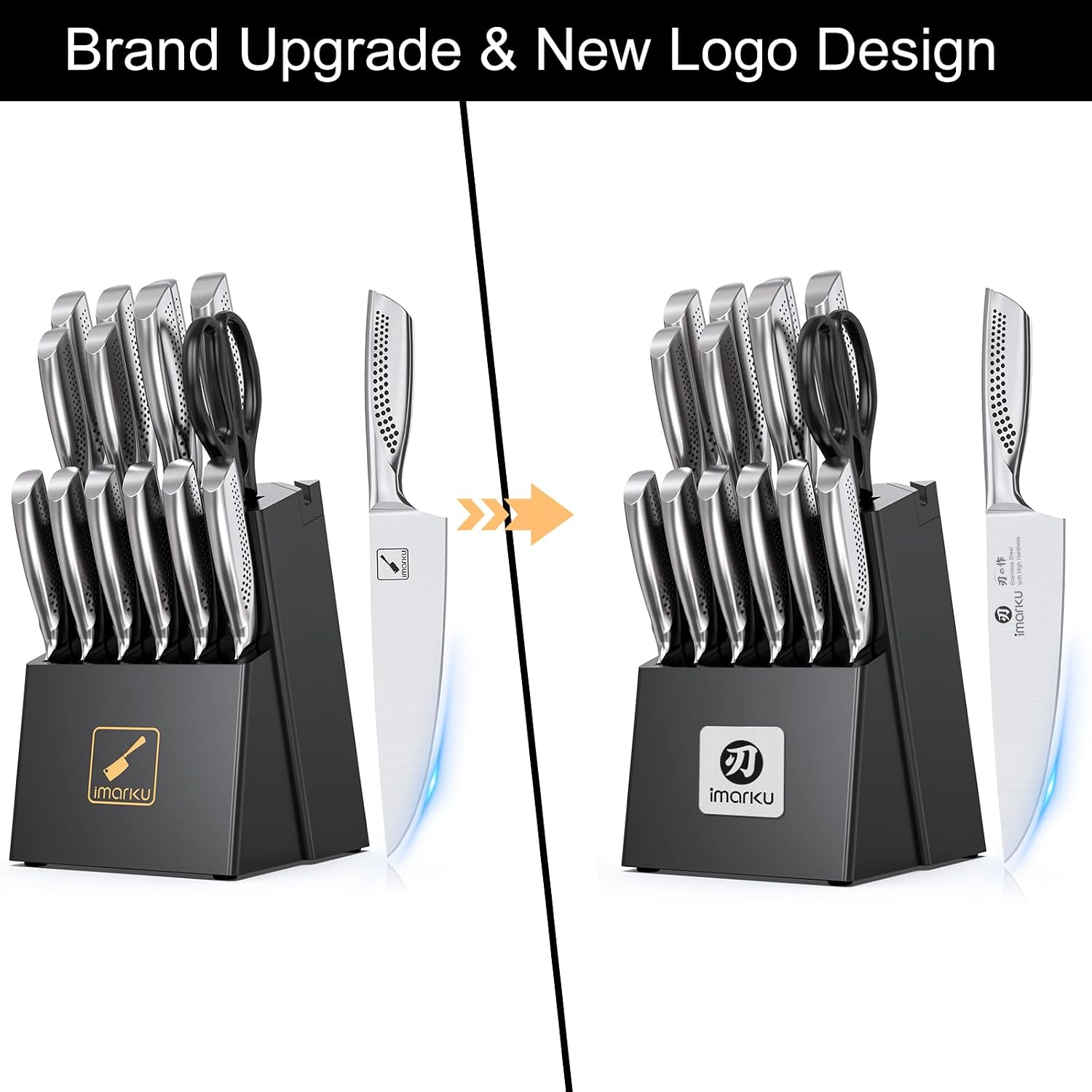 imarku® Kitchen Knife Set, 15 Pcs Japanese Knife Set with Block, Premium Razor-Sharp Chef Knives Set for Kitchen with Sharpener, Rust-Proof, Ergonomic Full-Tang Handle, Black