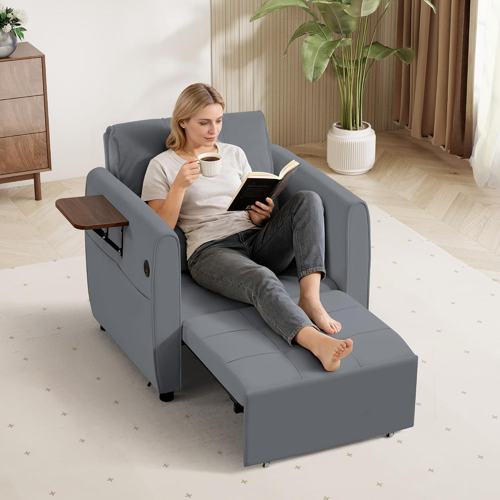 Suvivityse 90' Convertible Sleeper Chair Bed, 4 in 1 Pull Out Single Sofa Bed, Adjustable Backrest Recliner with USB Port, Storage Basket, Folding Side Table, for Living Room Apartment Small Place