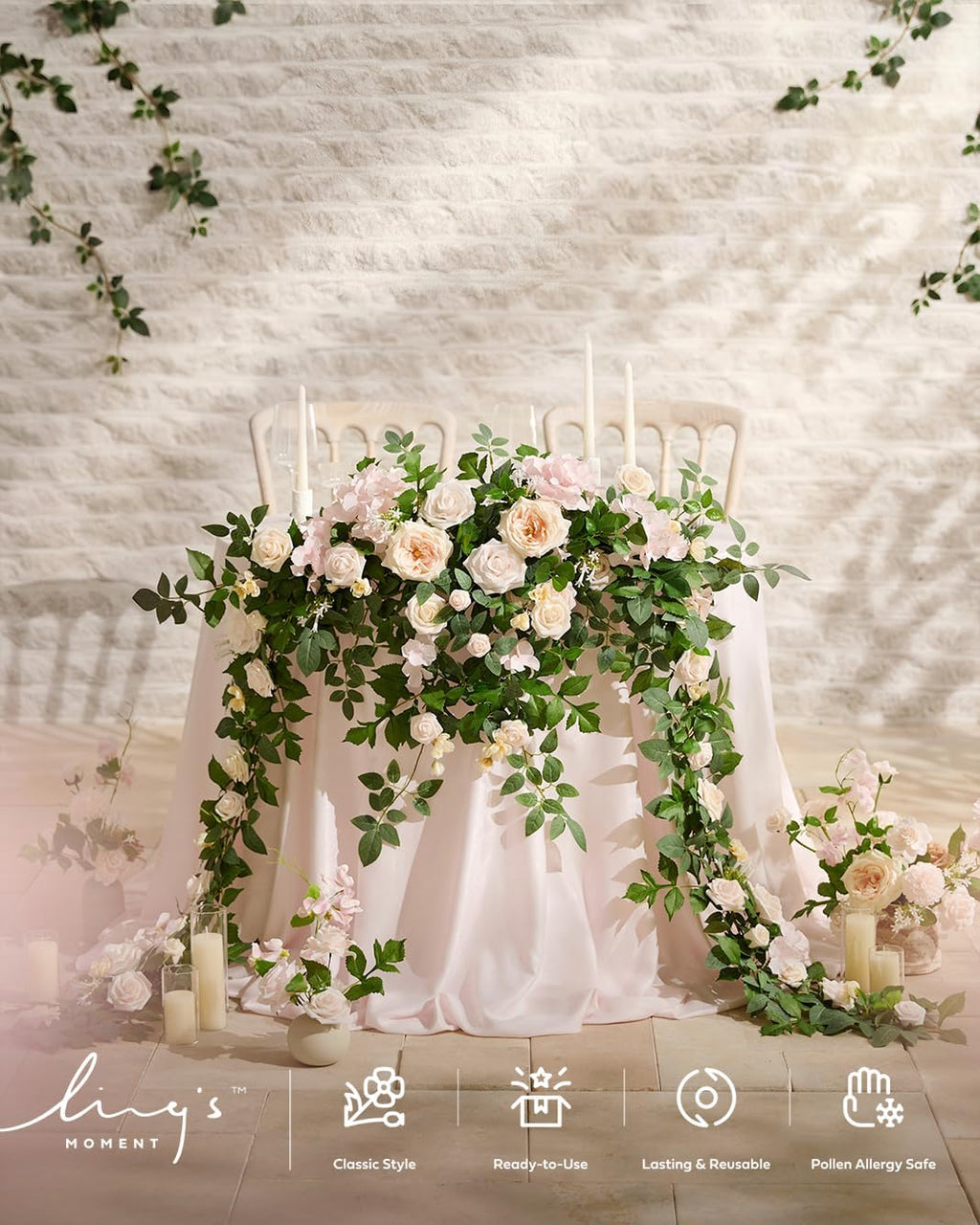 Ling's Moment 9FT Spring Flower Garland for Backdrop Decorations - Wedding Arch Flowers, Eucalyptus & Rose, Artificial Floral Garland for Mantel - Sweetheart Table Decor for Reception, Cream