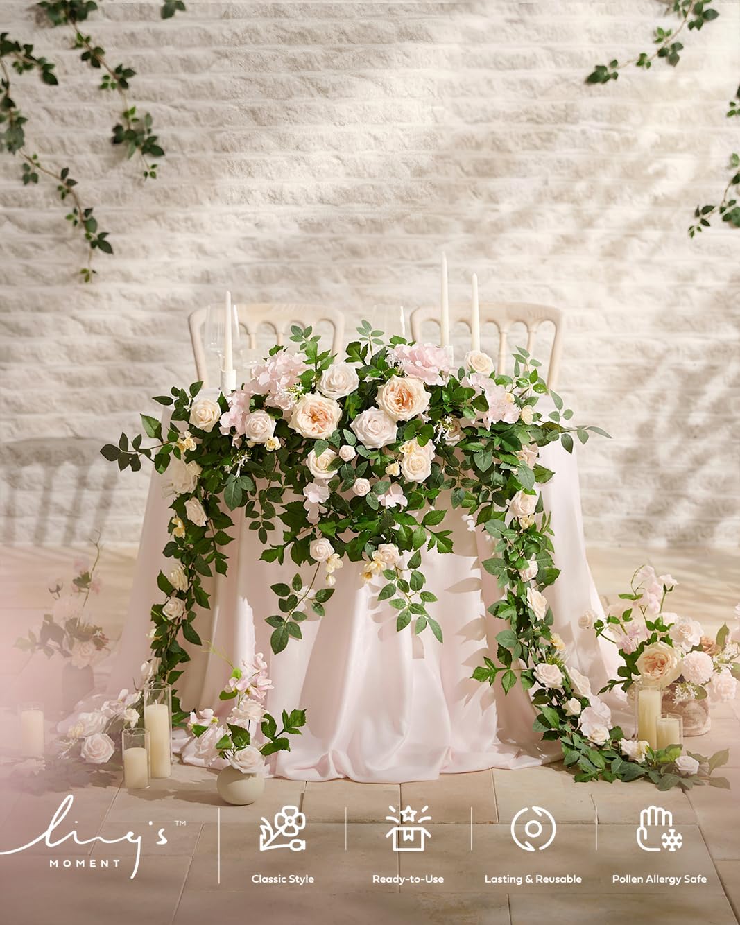 Ling's Moment 9FT Spring Flower Garland for Backdrop Decorations - Wedding Arch Flowers, Eucalyptus & Rose, Artificial Floral Garland for Mantel - Sweetheart Table Decor for Reception, Cream