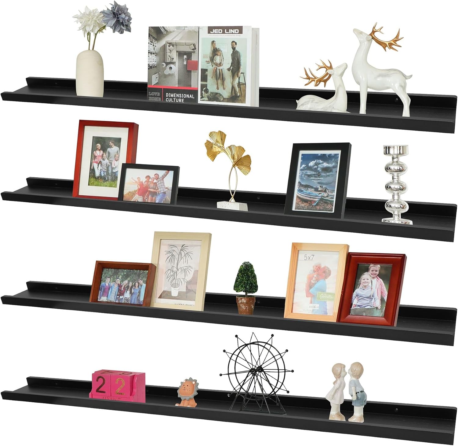 PHOENANCEE Long Floating Shelves for Wall 57 Inch,Real Wood Picture Ledge with Lip Set of 4,Photo Frame Storage Display for Living Room Nursery Bedroom Bathroom Kitchen Home Office Decor Rustic Black