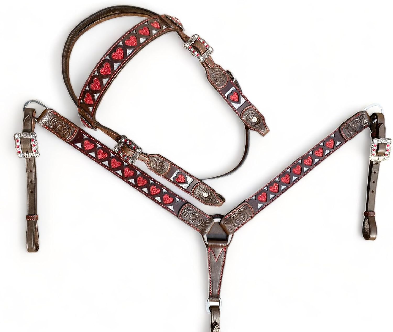 Premium Browband Horse Tack Set - Argentina Cow Leather Headstall & Breast Collar with Red Heart Design, Western Style, Durable Antique Nickel Hardware, Handcrafted Quality, Ideal for Show & Trail