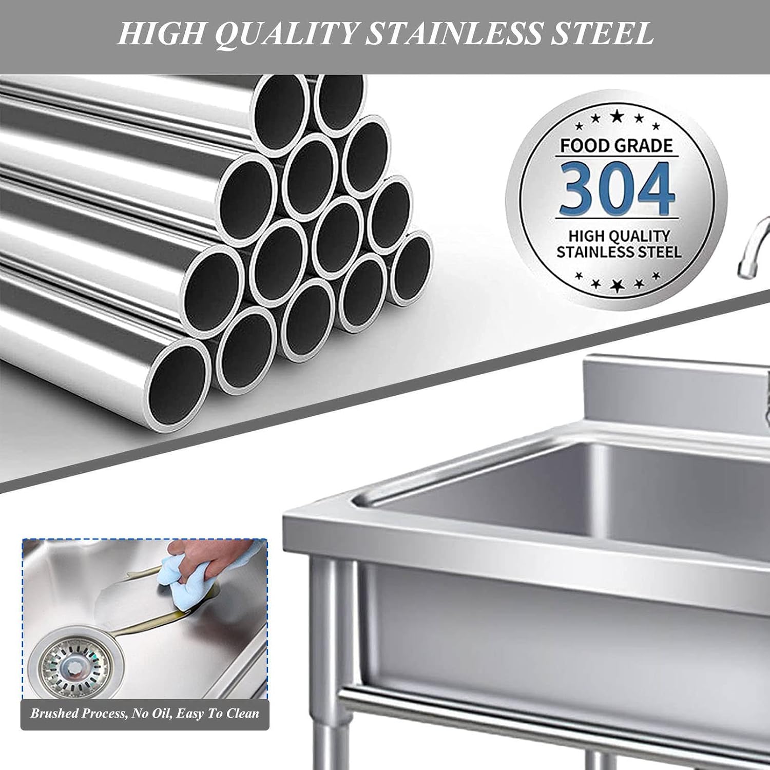 Free Standing Sink | Single Bowl Sink | 1 Compartment Commercial Kitchen Sink | Utility Prep Sinks | 304 Stainless Steel Sink | Extra-Deep Laundry Tub | Indoor-Outdoor Protable