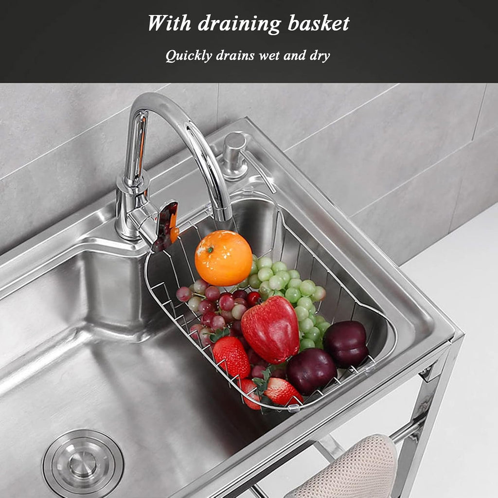 Single Bowl Sink | Stainless Steel Sink | Commercial Kitchen Sink | 1 Compartment | Free Standing Utility Sink | Swivel Faucet Storage Shelves | Laundry Tub | Washing Hand Basin