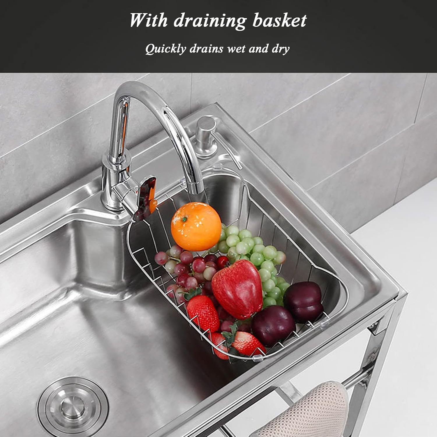 Single Bowl Sink | Stainless Steel Sink | Commercial Kitchen Sink | 1 Compartment | Free Standing Utility Sink | Swivel Faucet Storage Shelves | Laundry Tub | Washing Hand Basin
