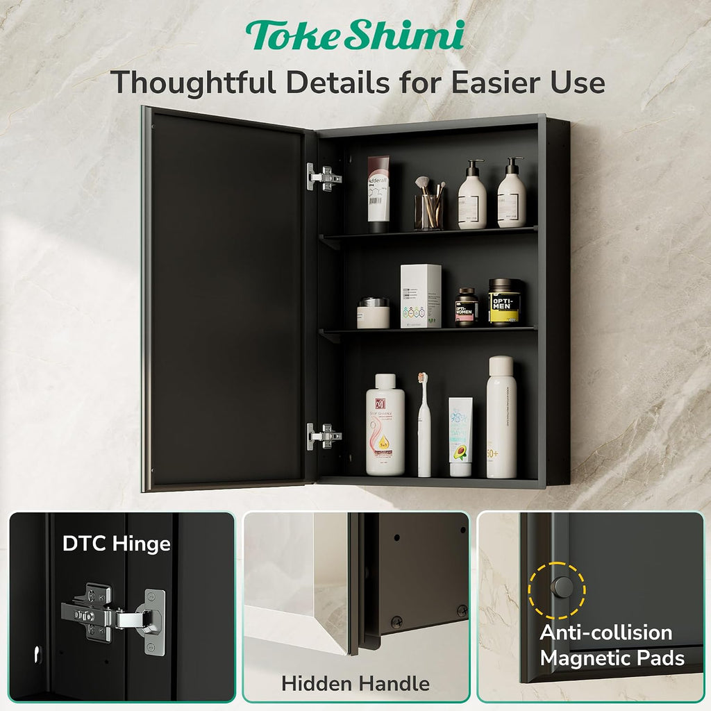 TokeShimi 14 x 24 Medicine Cabinet with Mirror, Assembly Required, Black Recessed Bathroom Medicine Cabinet with Tempered Beveled Mirror, Stepless Adjustable Shelves, DTC Hinge