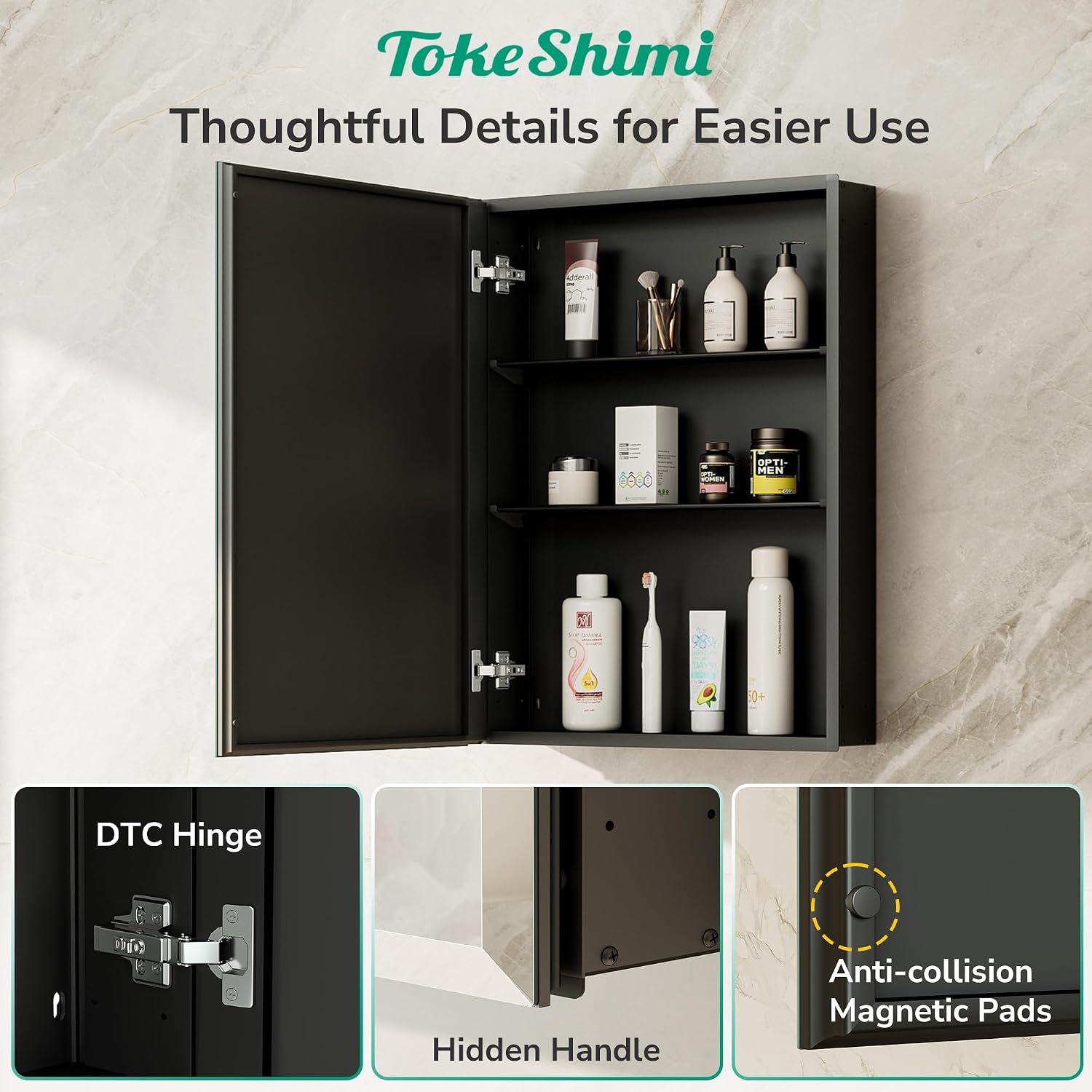 TokeShimi 14 x 24 Medicine Cabinet with Mirror, Assembly Required, Black Recessed Bathroom Medicine Cabinet with Tempered Beveled Mirror, Stepless Adjustable Shelves, DTC Hinge