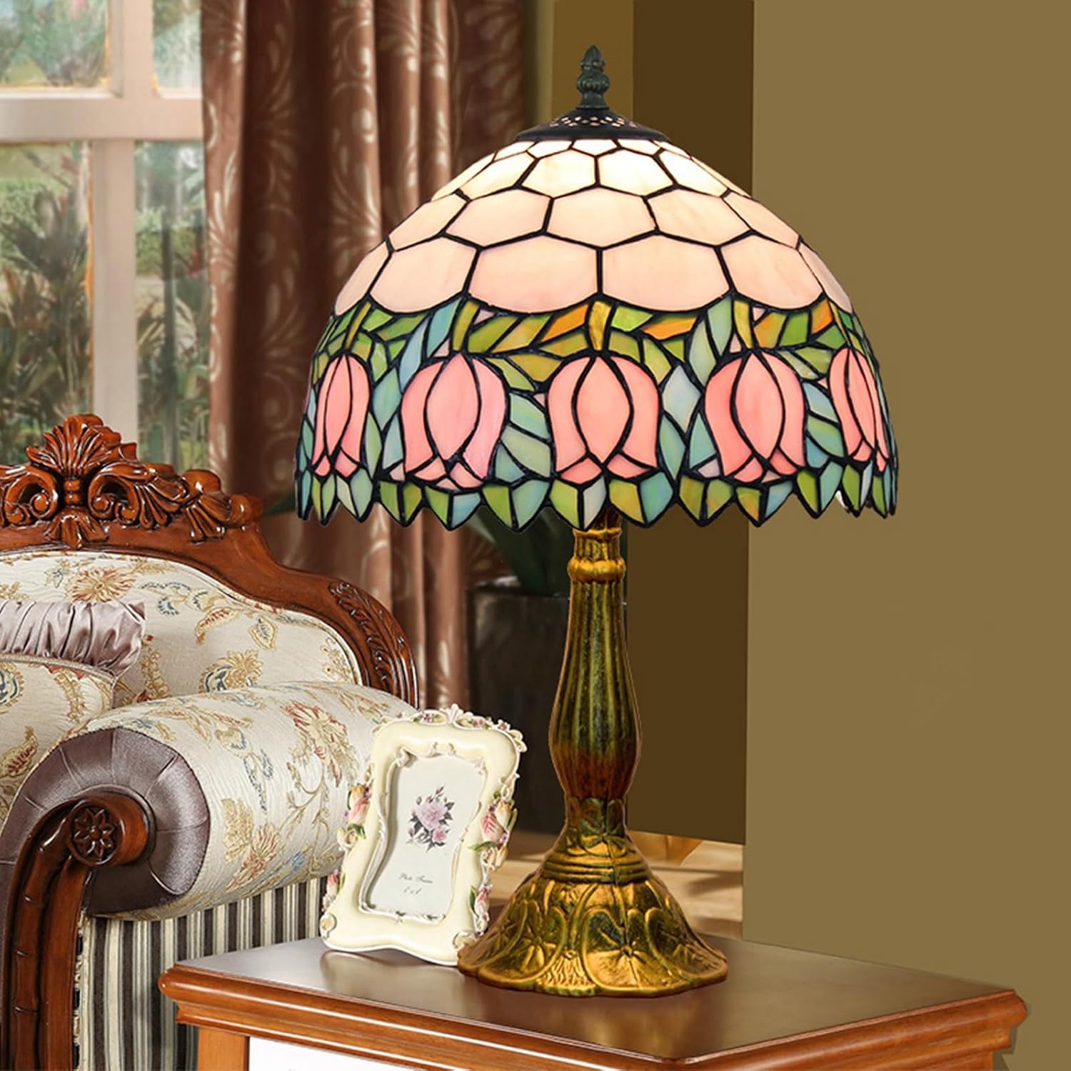 Tiffany Lamp Stained Glass Lamp Pink Tulip Bedroom Table lamp Reading Desk Light for Bedside Living Room Office Dormitory Dining Room Decorate Housewarming Gift 12X12X18 Include Light Bulb