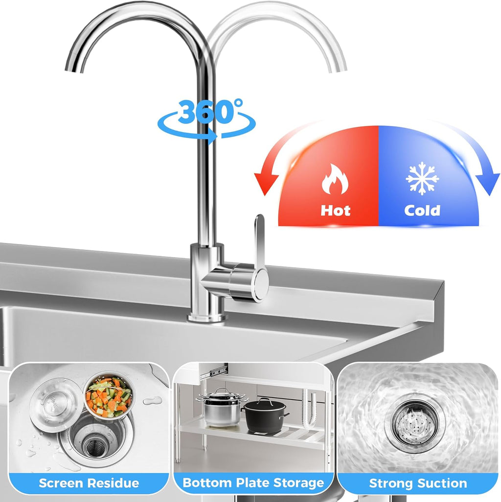 304 Stainless Steel Utility Sink – Free Standing Single Bowl with Workbench, Storage Drawer & Faucet, Hot and Cold Water Pipes for Laundry Room, Farmhouse, Outdoor Use