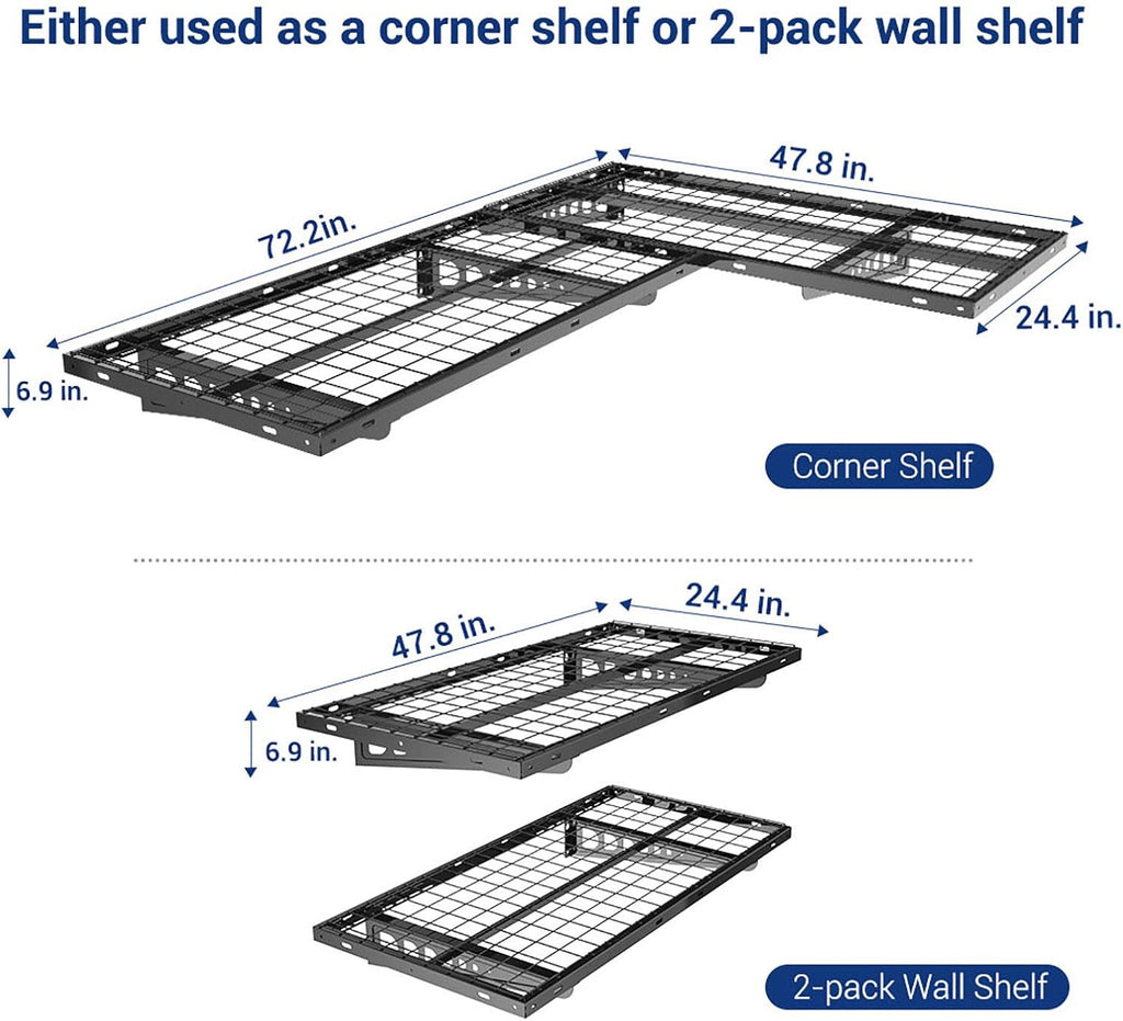 FLEXIMOUNTS 2x8 Overhead Garage Storage Rack, plus 2-Pack 2x4ft Corner Wall Mounted Floating Shelves, 450lbs+440lbs Capacity, Heavy-Duty Garage Organizer, Black