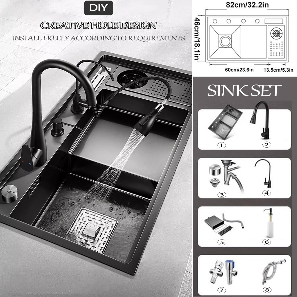 Stepped Stainless Steel Kitchen Sink with Pull-Out Faucet Black Nano Household Sink Multi-functional Single Bowl Sink with Cup Washer Soap Dispenser Knife Holder Box Knob Drainage Component (Black