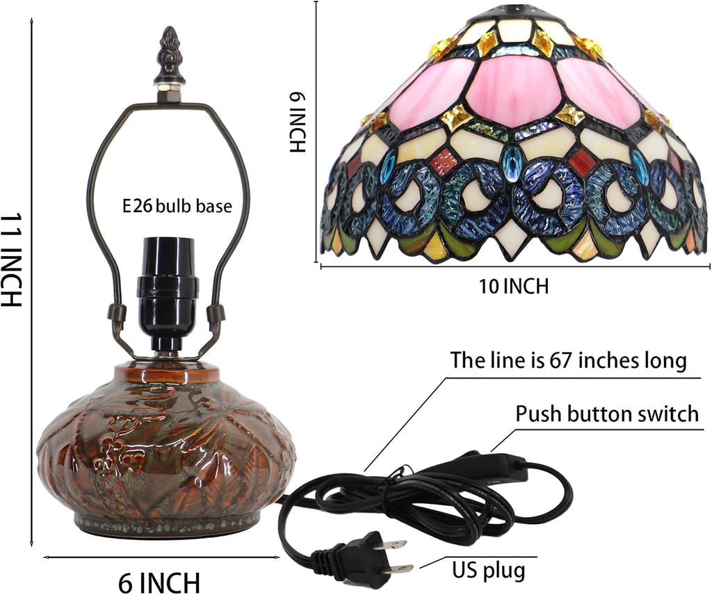 Small Tiffany Table Lamp, 10X10X11 Inch Mini Stained Glass Mushroom Desk Light Memory Sympathy Ceramic lamp (Pink Baroque Style)