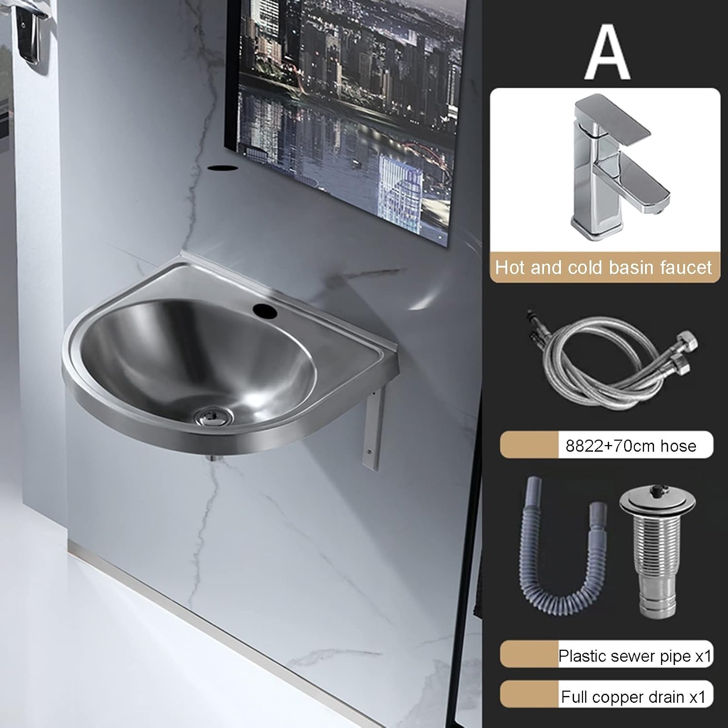 Stainless Steel Single Bowl Sink Wall-Mounted Wash Basin Kitchen Sink Basin Space-Saving Small Sink Corner for Kitchen Bathroom,Silver-A
