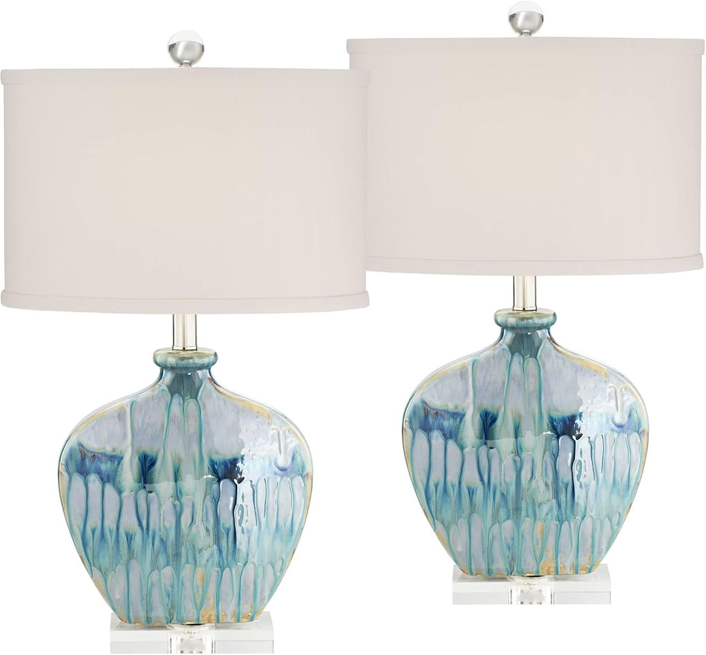 Possini Euro Design Mia Coastal Modern Style Table Lamps 25' High Set of 2 Ceramic Blue Drip Off White Shade Decor for Living Room Bedroom Beach House Bedside Nightstand (Colors May Vary)