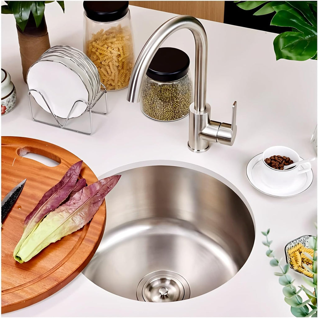 Stainless Steel Kitchen Sink, Single Bowl Sink With Drain Fittings & Overflow, Small Washing Basin, Round Pool For Utility Room, Kitchen, Bar, Pub, Drop In & Undermount(Silver,30cm)
