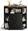 Halitaa Corner Storage Cabinet, Farmhouse Corner Bookshelf with Storage 6-Cubby Wooden Cabinet with USB Ports and Outlets Industrial Organizer for Small Space, Study, Playroom, Black and Brown