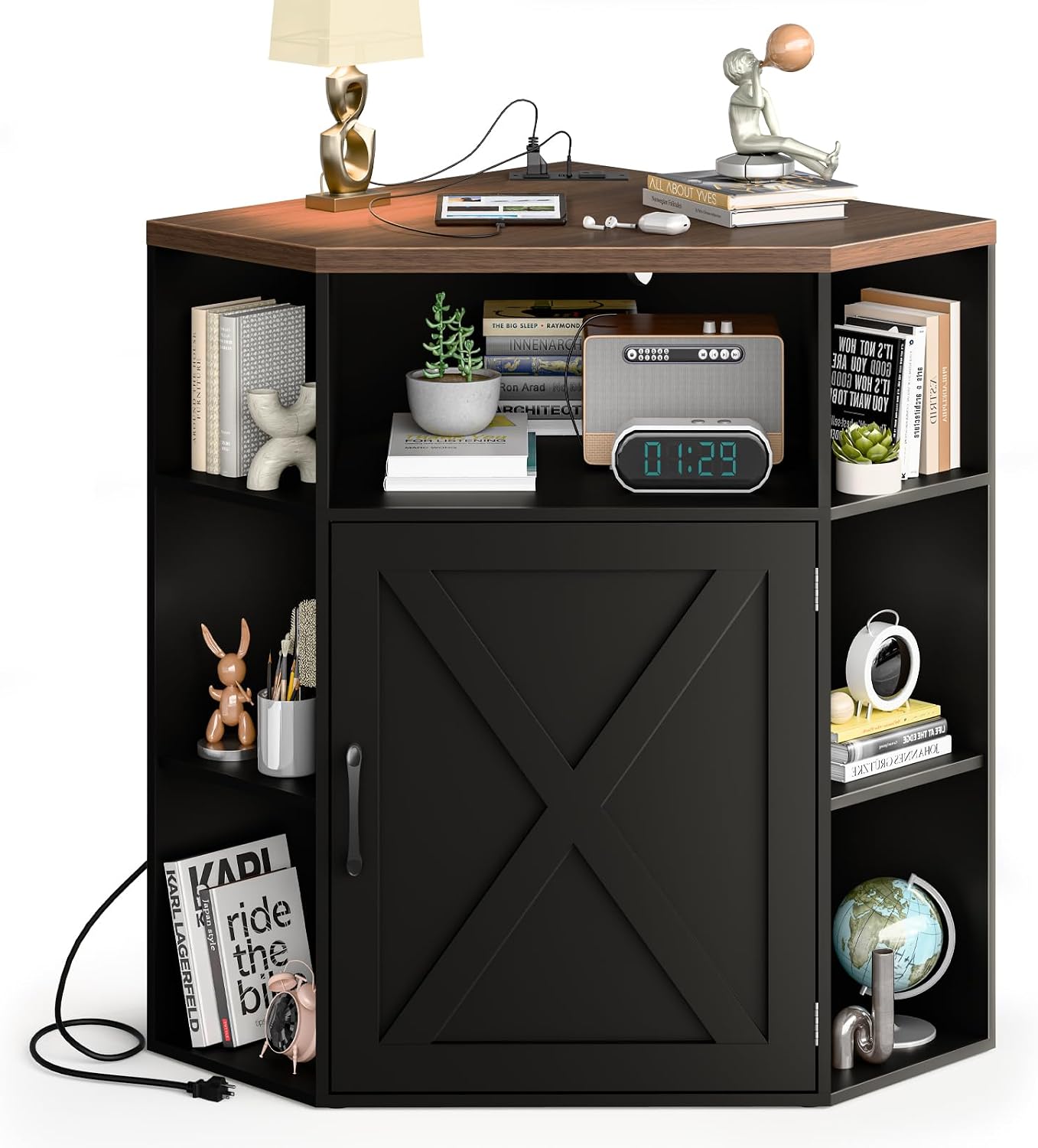 Halitaa Corner Storage Cabinet, Farmhouse Corner Bookshelf with Storage 6-Cubby Wooden Cabinet with USB Ports and Outlets Industrial Organizer for Small Space, Study, Playroom, Black and Brown