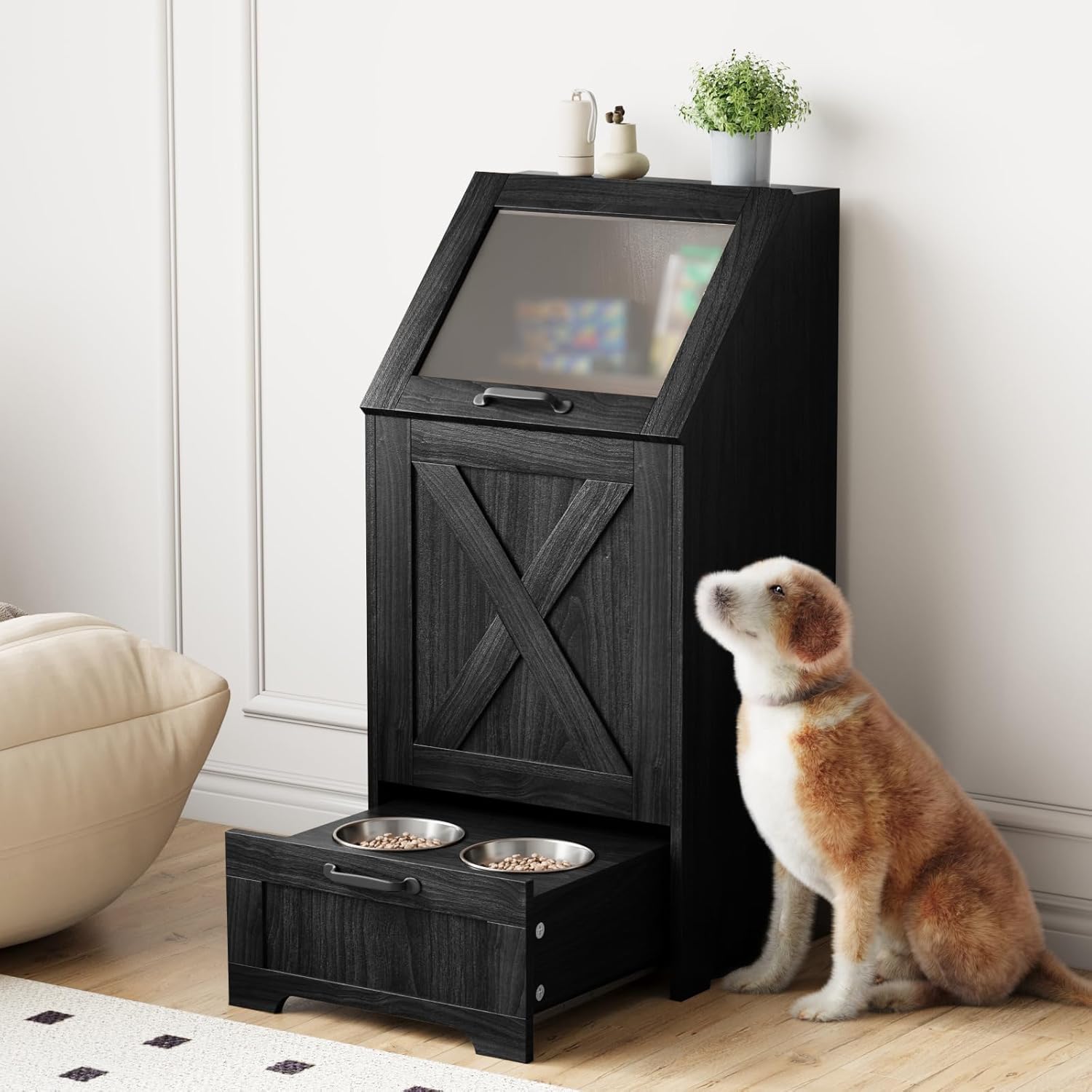 Dog Feeding Station with Storage,Wooden Pet Food Storage Cabinet,Equipped with 2 High Footed Bowls and 3 Hooks,Top Glass Flip Cover,Anti Tipping Device (Dog Feeding Station-Black)