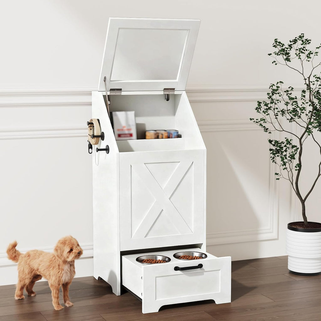 Dog Feeding Station with Storage,Wooden Pet Food Storage Cabinet,Equipped with 2 High Footed Bowls and 3 Hooks,Top Glass Flip Cover,Anti Tipping Device (Dog Feeding Station-White)