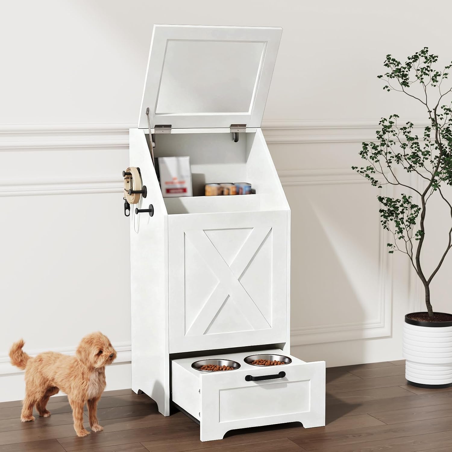 Dog Feeding Station with Storage,Wooden Pet Food Storage Cabinet,Equipped with 2 High Footed Bowls and 3 Hooks,Top Glass Flip Cover,Anti Tipping Device (Dog Feeding Station-White)