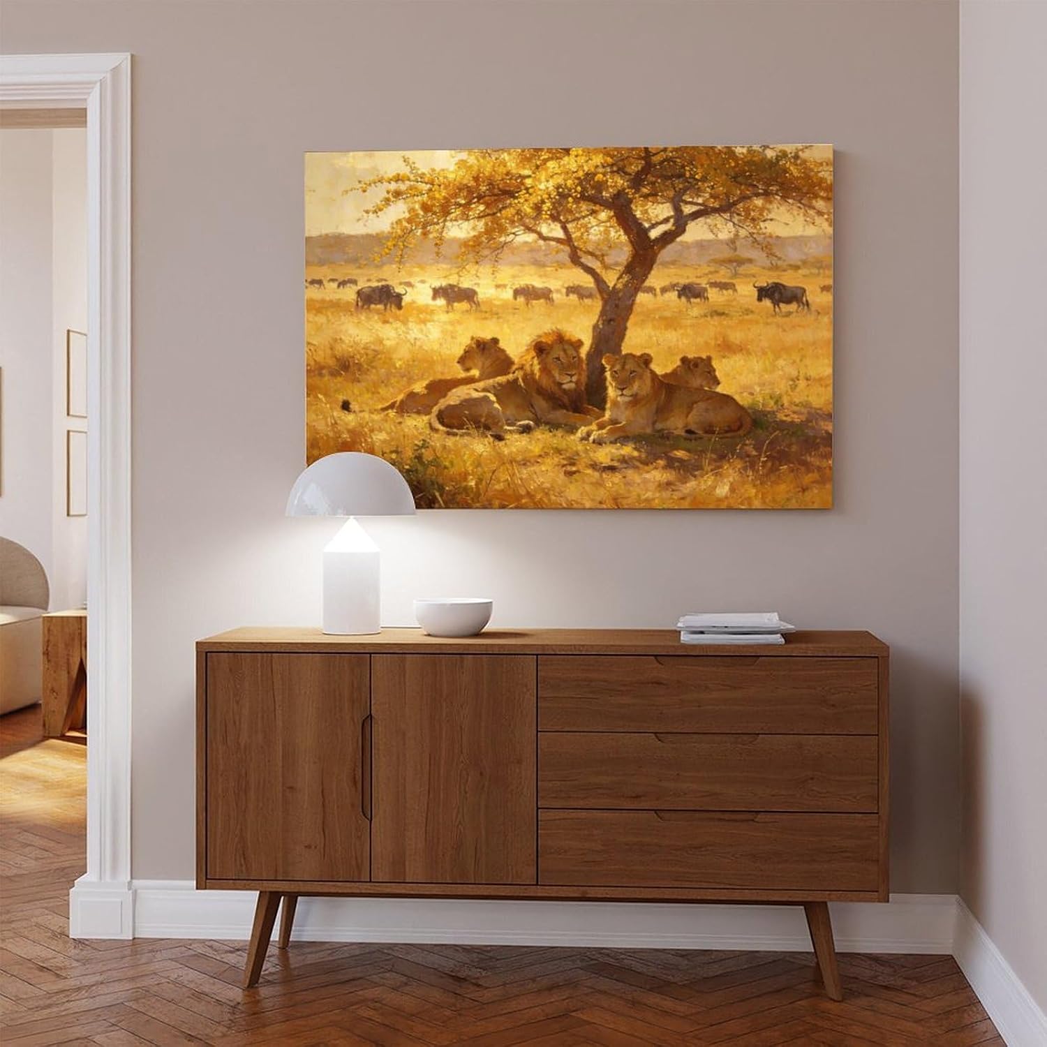African Lions Wall Art Print, Lion Pride Resting Under Acacia Tree at Golden Sunset, Safari Wildlife Painting Poster 24x36inch(60x90cm)