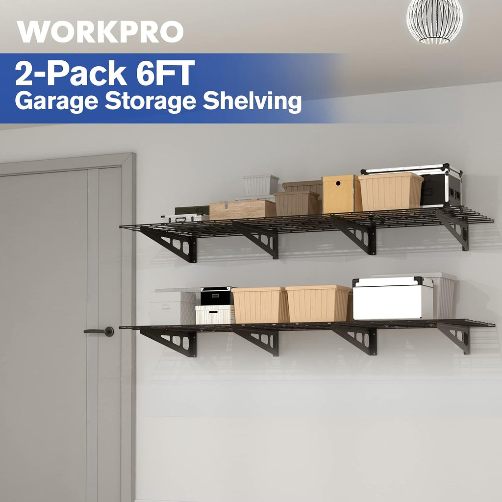 WORKPRO 2-Pack 2x6FT Garage Wall Shelving, 72' x 24' Heavy Duty Wall Mounted Shelving, 800lbs Load Capacity (Total), Metal Wall Shelves Suitable for Shop, Shed, Garage Storage, Black, 1 Sets