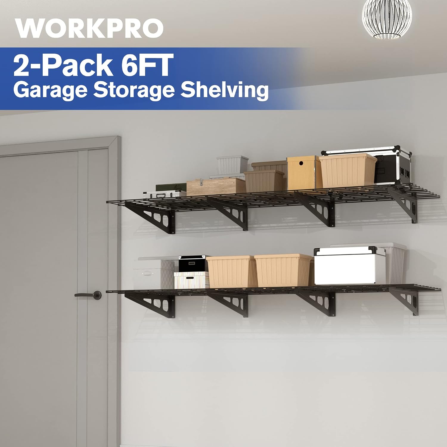 WORKPRO 2-Pack 2x6FT Garage Wall Shelving, 72' x 24' Heavy Duty Wall Mounted Shelving, 800lbs Load Capacity (Total), Metal Wall Shelves Suitable for Shop, Shed, Garage Storage, Black, 1 Sets