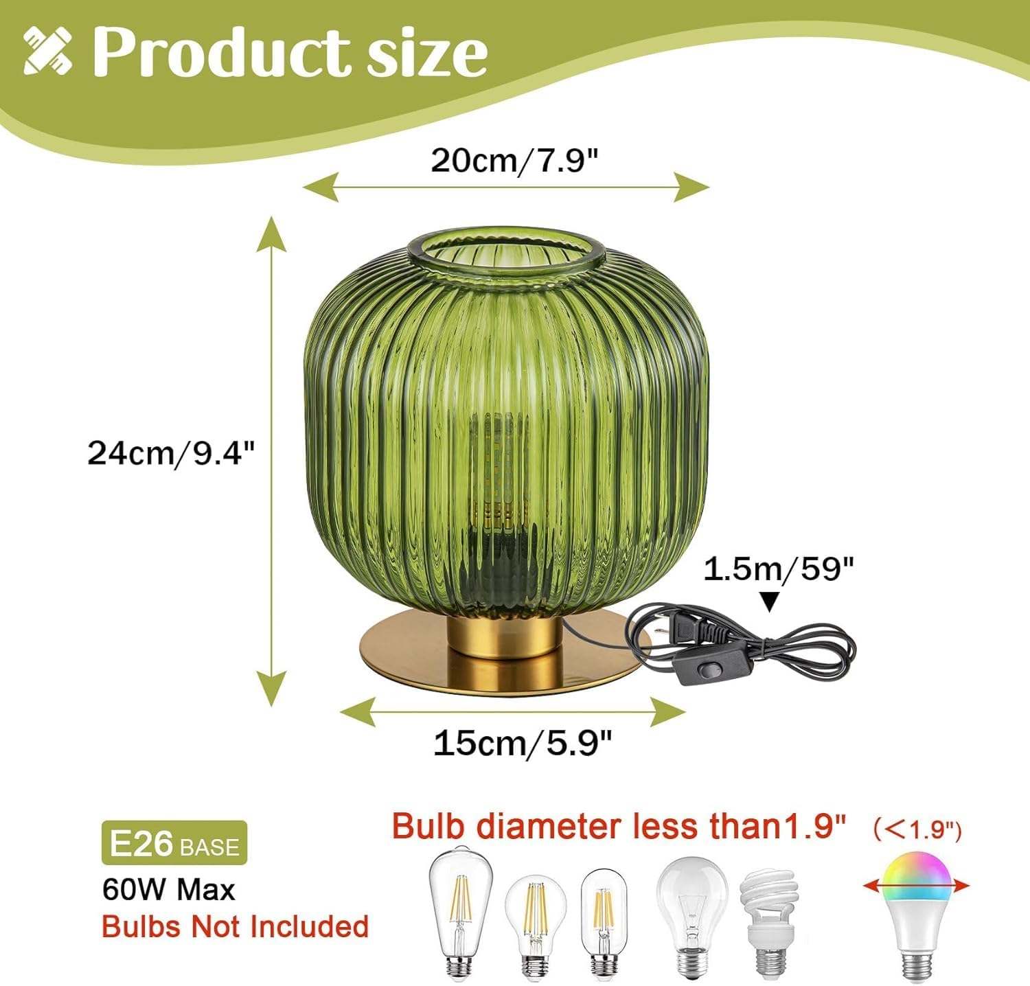 Green Table Lamp Glass Globe Table Lamp Mid Century Modern Small Bedside Lamp Gold Nightstand Lamp Vintage Decorative Brass Desk Lamp for Bedroom Living Room Study Corner Bookshelf (Set of 2)