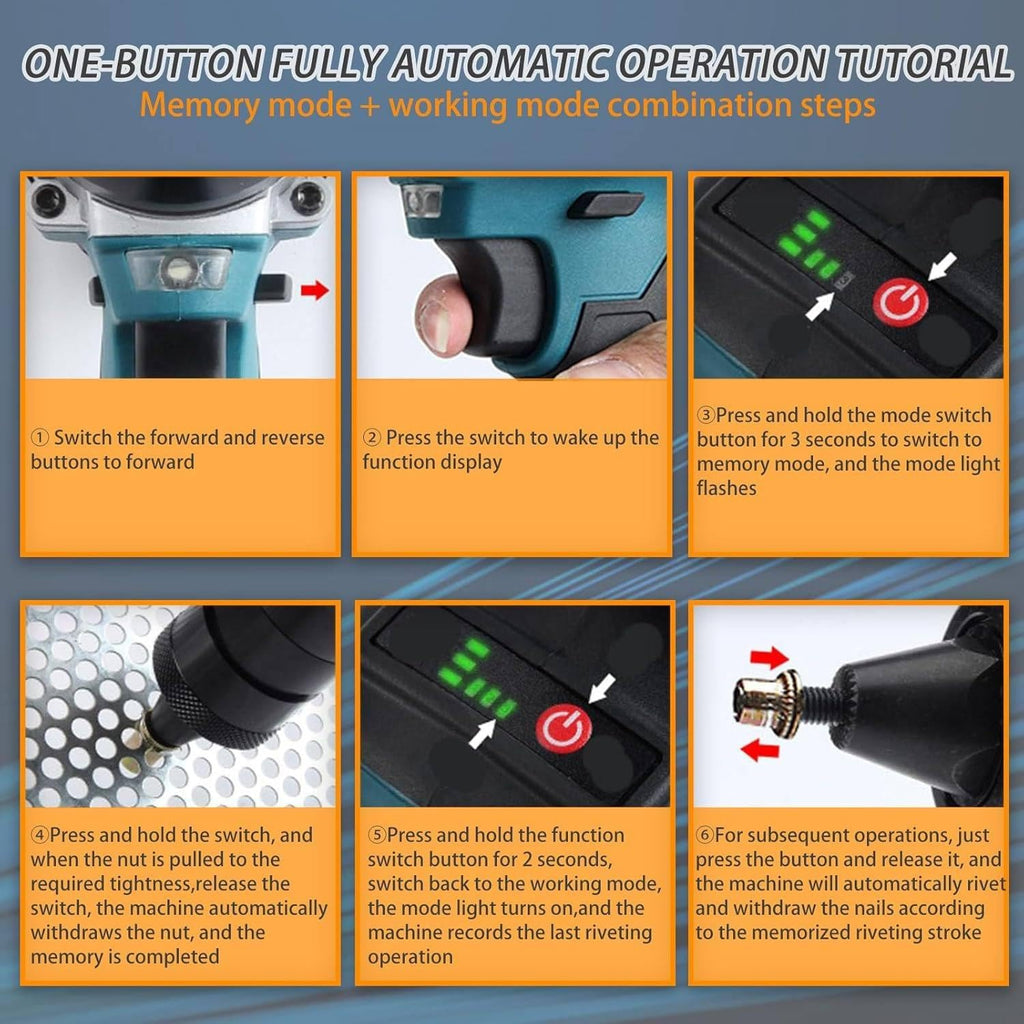 Cordless Brushless Rivet Gun, Cordless Rivet Tool, Pop Rivet Gun, Electric Rivet Gun, Automatic Manual Range Memory Mode Electric Assembly Nutsert Gun for M3 M4 M5 M6 M8 M10 M12 Rivet Nuts,2200mah*2