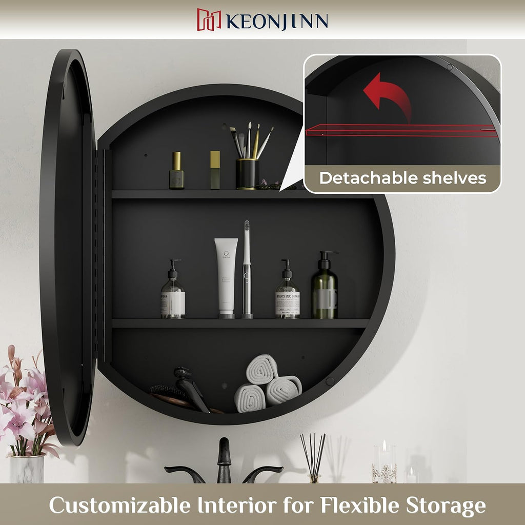 Keonjinn 24 x 24 In Round Medicine Cabinets for Bathroom, Black Mirror Surface Mount Medicine Cabinet, Circle Black Medicine Cabinet with Mirror, Adjustable Shelves Framed Bathroom Mirror with Storage