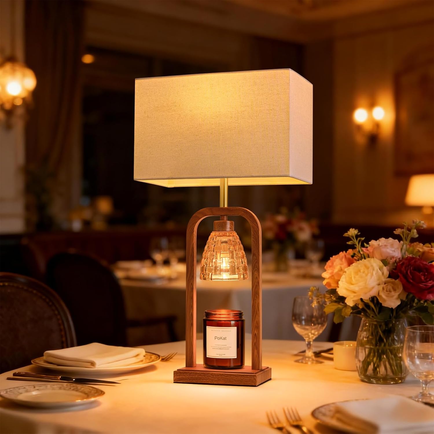 PoKat Farmhouse Table Lamps with Candle Warmer & Timer for Bedroom, Wood-Like Bedside Lamps Set of 2 for Night Stands, 21.5'' Bedroom Lamps Decor for Living Room, Corded Eletric, No Battery