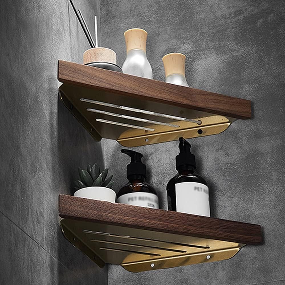 Floating Bathroom Corner Shelves - Wall-Mounted Brushed Walnut Caddy Double Layer nizer for Shower Kitchen & Cosmetics Storage Space-Saving Solution (B)
