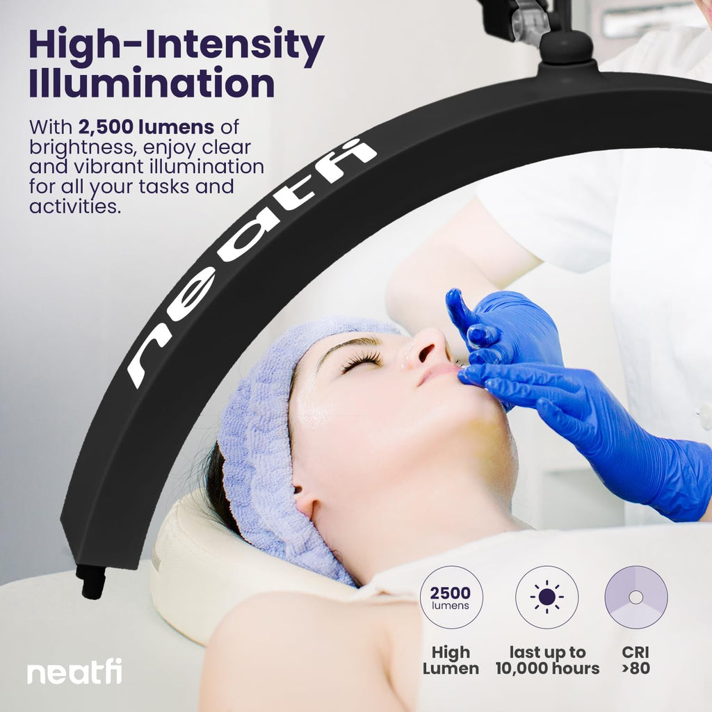 Neatfi Half Moon LED Table Lamp for Estheticians & Nail Techs – 2,500 Lumens | 5 Light Modes | Professional Task Lamp for Facial, Waxing, Threading & Tattoo (Black, CCT with Clamp)