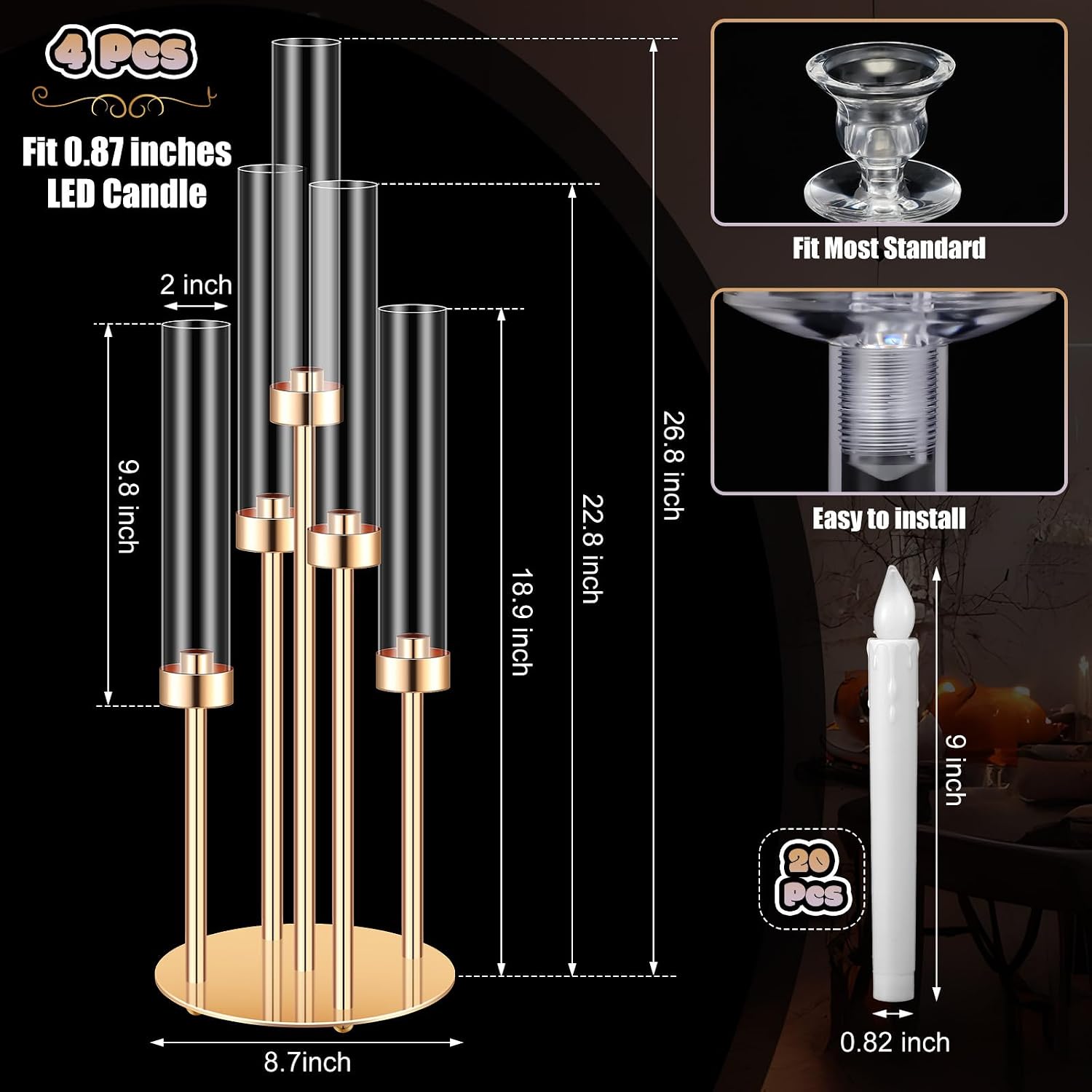 Tandefio 4 Set 5 Arm Gold Candelabra Table Centerpiece with LED Candle, 26.8' Tall Acrylic Cylinder Candle Holder with Lampshades Fit 0.8 for Wedding, Anniversaries, Dinner, Party, Easter, Home Decor