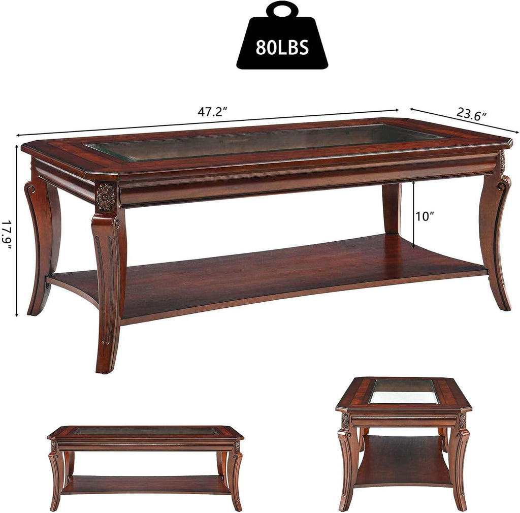 Traditional Living Room Tables Set of 3- One Coffee Table with Glas and Two End Table with Glass Tabletop and Carved Leg,Table Set with Storage Shelf, Cherry Brown KFZ- CJZ-A1168-WD