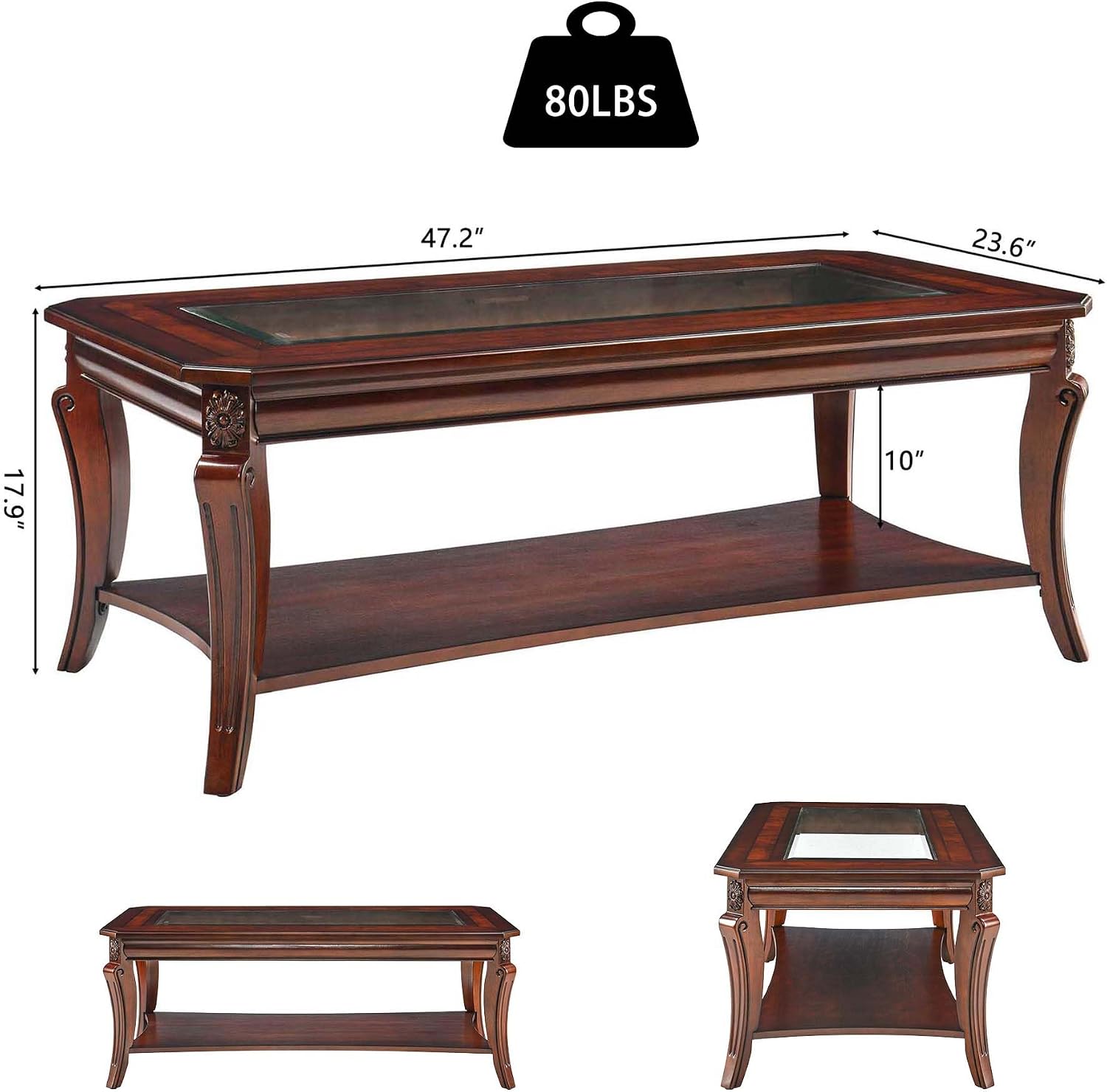 Traditional Living Room Tables Set of 3- One Coffee Table with Glas and Two End Table with Glass Tabletop and Carved Leg,Table Set with Storage Shelf, Cherry Brown KFZ- CJZ-A1168-WD