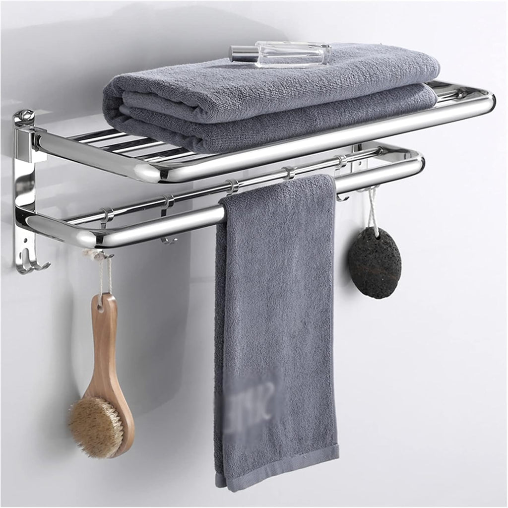TOMYEUS Shower Caddy Bathroom Shelf Towel Racks for Bathroom Shelf with Foldable Towel Bar Holder，Floating Shelves Wall Mounted，with Towel Bar and 7 Hooks Shower Organizer (Size : Round Tube 50 cm)