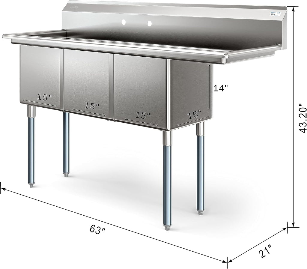 KoolMore 63 in. Three Compartment 18-Gauge Stainless-Steel NSF Commercial Kitchen Sink, Bowl Size 15x15x14, with Three Basins and Pre-Drilled Faucet Holes for Restaurants and Cafes (KM-SC151514-15R3)
