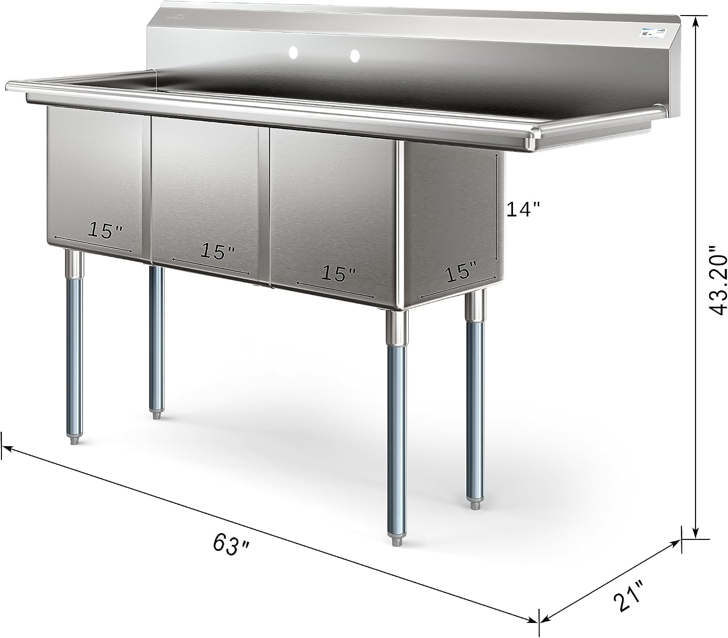 KoolMore 63 in. Three Compartment 18-Gauge Stainless-Steel NSF Commercial Kitchen Sink, Bowl Size 15x15x14, with Three Basins and Pre-Drilled Faucet Holes for Restaurants and Cafes (KM-SC151514-15R3)