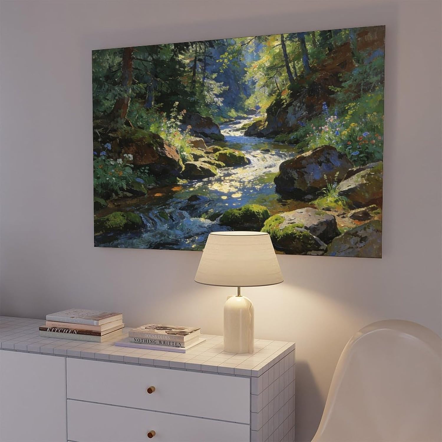 Forest Stream Wall Art Print, Sunlit Woodland Creek And Mossy Rocks Landscape Painting, Nature Poster for Living Room Bedroom Cabin Decor 24x36inch(60x90cm)