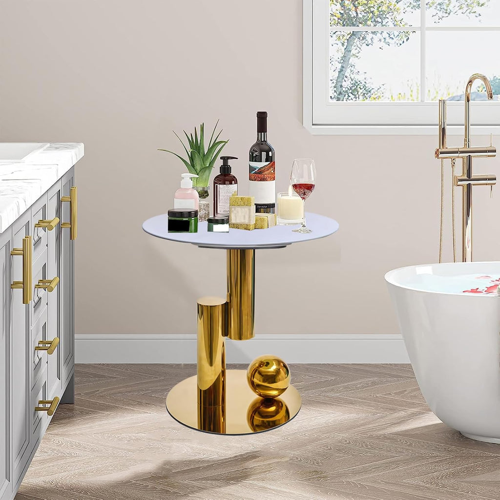 White Gold Round Side Table, 19.7' Faux Marble Sofa End Table, Modern Nightstand, Small Accent Table with Stainless Steel Ball/Cylindrical Frame, for Living Bedroom Office (Gold, 50cm/19.7')