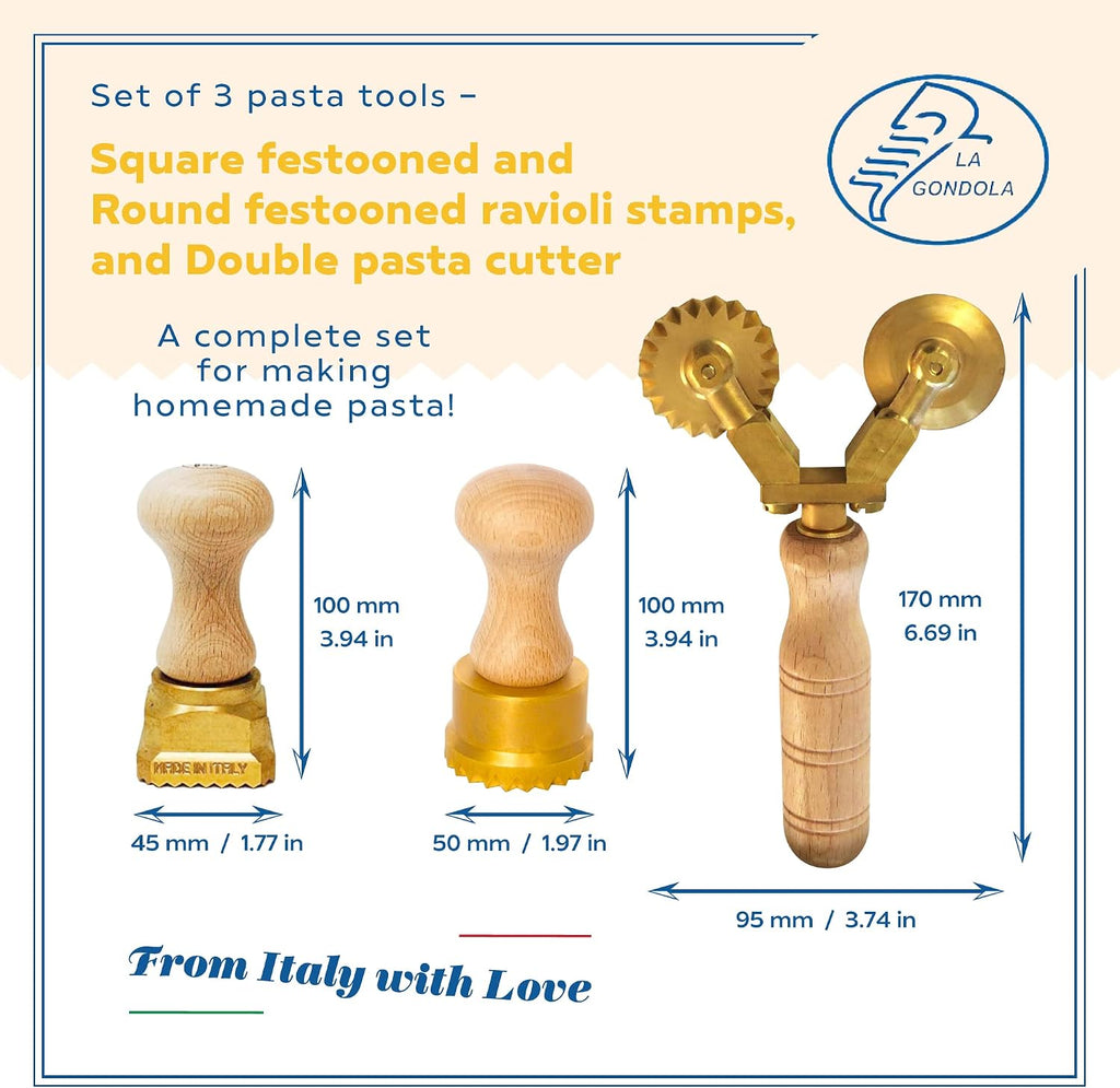 La Gondola Set of 3 Pasta Tools - Square Festooned 1.77x1.77in & Round Festooned 1.97in Ravioli Stamps & Double Pasta Cutter Wheel (Festooned & Smooth) | Brass & Natural Wood | Italian Pasta Cutters